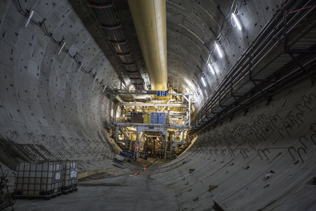 Bertha, the Highway 99 tunnel boring machine, sits motionless just over 1,000 feet into its 9,270 foot route to South Lake Union in September. (Steve Ringman / The Seattle Times, 2014)