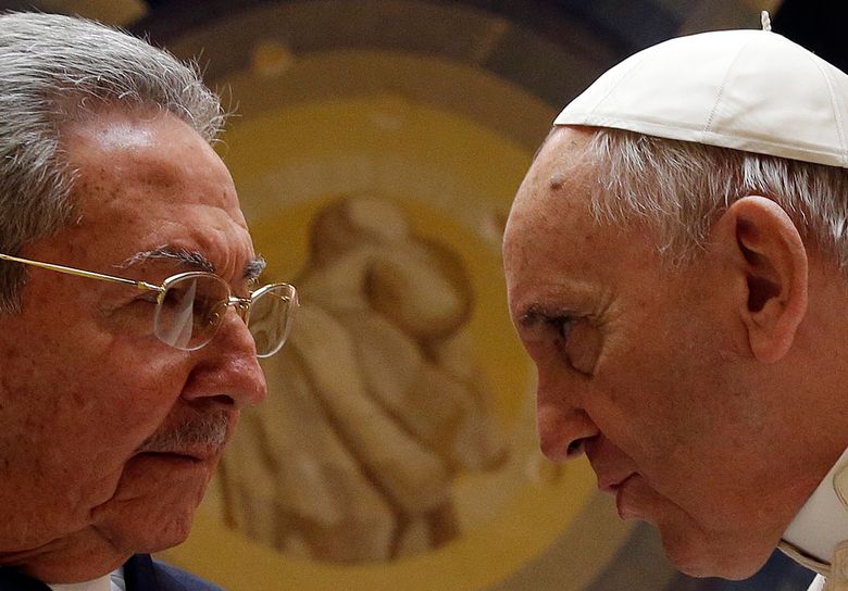 Pope Francis meets Cuban President Raul Castro during a private audience at the Vatican, Sunday, May 10, 2015. Cuban President Raul Castro has been welcomed at the Vatican by Pope Francis, who played a key role in the breakthrough between Washington and Havana aimed at restoring U.S.-Cuban diplomatic ties. (AP Photo/Gregorio Borgia, Pool)