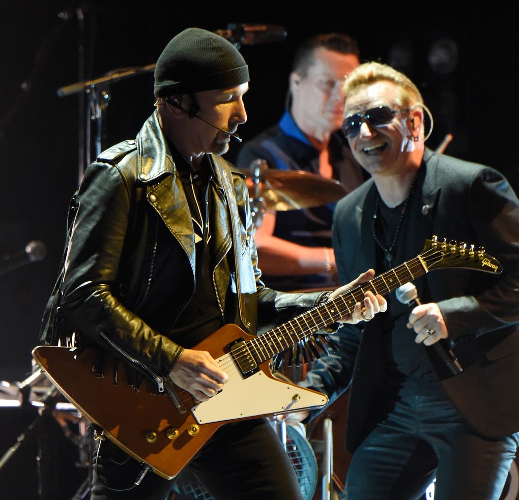 VANCOUVER, BC. Musicians The Edge (L) and Bono of U2 perform during the band’s Innocence + Experience tour opener at Rogers Arena on May 14, 2015 in Vancouver, Canada. (Photo by Kevin Mazur/WireImage)  (Kevin Mazur/WireImage)