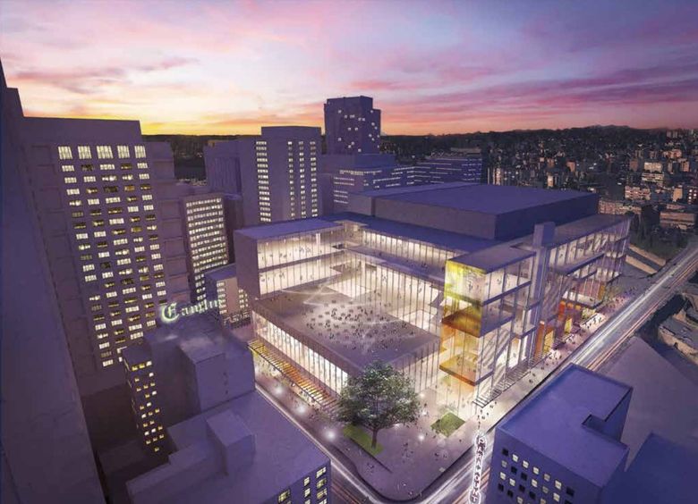 This rendering shows the proposed five-story exhibition facility, part of the Washington State Convention Center expansion plan, as seen from Ninth Avenue and Pine Street, looking north. (LMN Architects/Image Courtesy of)