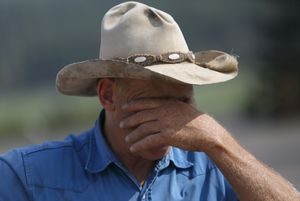 Range Rider Bill Johnson wipes his forehead on a hot summer morning before heading out to herd cattle and monitor signs of wolves. (Sy Bean / The Seattle Times)