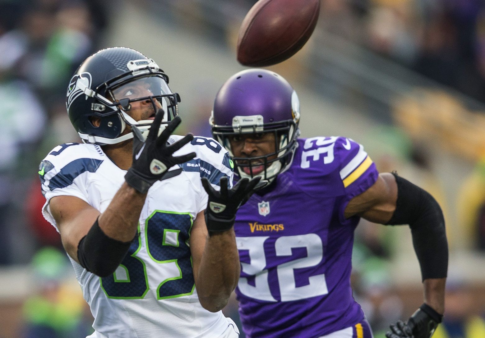 Seahawks wide receiver Doug Baldwin looks back during a 53-yard touchdown reception against the Minnesota Vikings in the second half  Sunday in Minneapolis. (Jim Mone / The Associated Press)