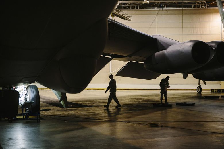 A B-52 undergoes maintenance at Barksdale Air Force Base in Louisiana. The bombers, scheduled for retirement years ago, are now expected to keep flying until at least 2040. (EDMUND D FOUNTAIN/NYT)