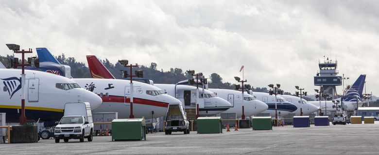 Boeing 737 flightline at Boeing Field: 737s awaiting delivery. Seattle Times photo via Google images.