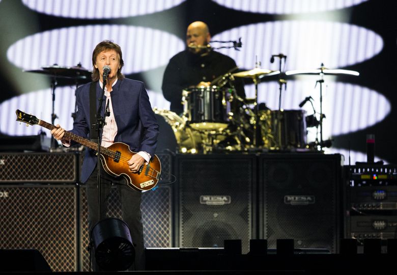 Paul McCartney performs “A Hard Day’s Night” during his “One on One” tour at KeyArena on Sunday, April 17, 2016. (Lindsey Wasson/The Seattle Times)