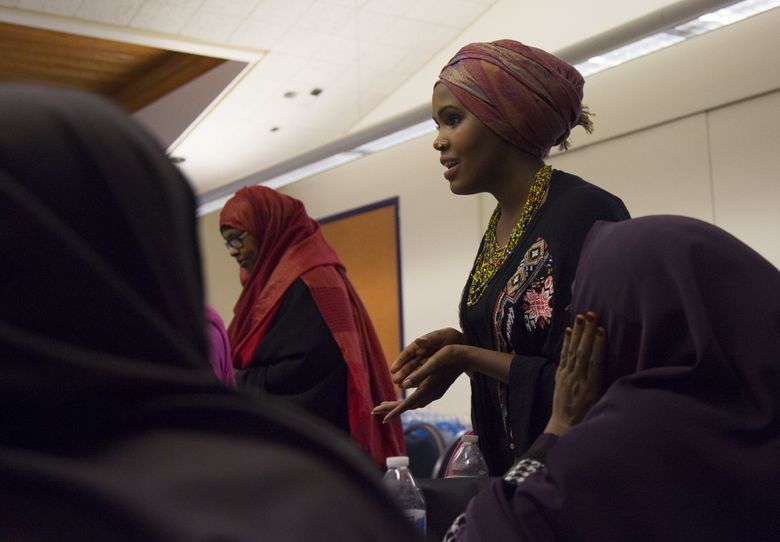 Zam Zam Mohamed, co-founder of Voices of Tomorrow, leads a class May 28 during the group’s second annual conference, in Tukwila. (Sy Bean/The Seattle Times)