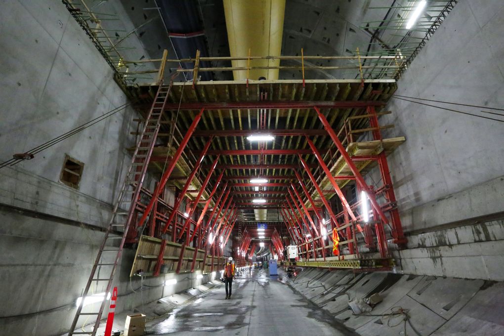 The southbound deck of the Highway 99 will be built, here, between two massive walls. This is the view looking north. (Ken Lambert/The Seattle Times)