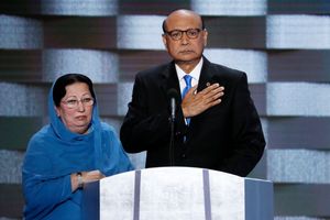 Khizr Khan, father of fallen U.S. Army Capt. Humayun S.M. Khan, and his wife Ghazala speak during the final day of the Democratic National Convention in Philadelphia. (J. Scott Applewhite, AP)