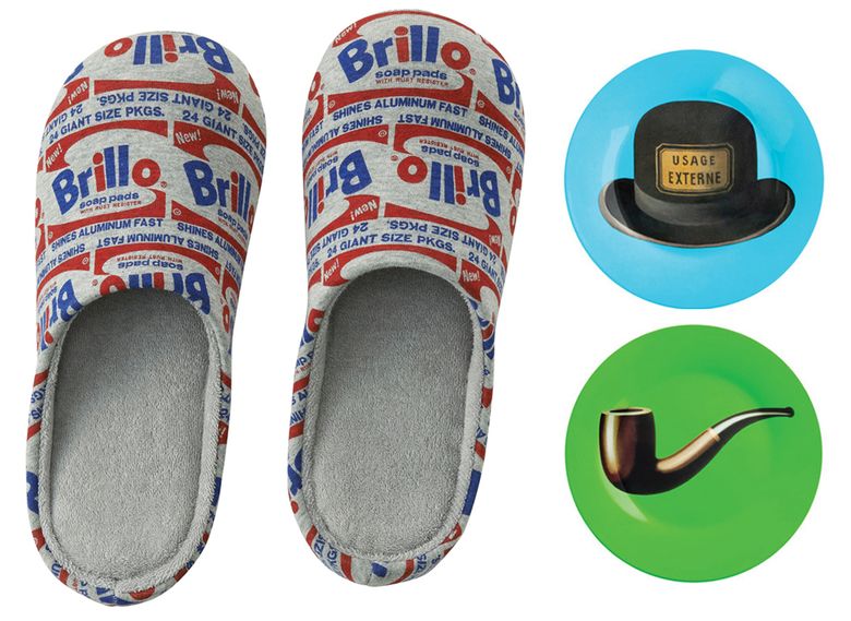 SPRZ NY Andy Warhol Slippers,    $15 at  uniqlo  .com; MoMA Magritte Plate Pipe & Hat Set, $32 at fab.com