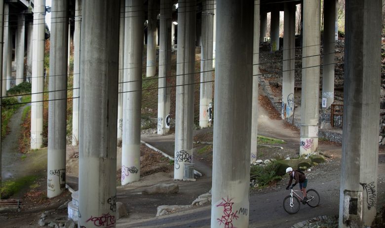 These columns supporting I-5 in Seattle are hollow and could implode in a severe earthquake, according to the state. An average 108,000 vehicles a day drive over this elevated span between Capitol Hill and Lake Union, where there’s also a bike park. (Ellen M. Banner/The Seattle Times)