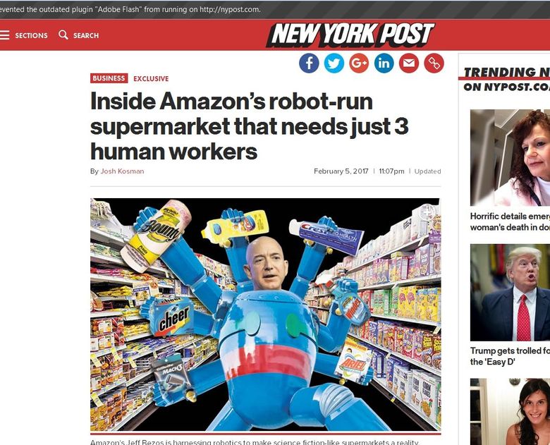 A New York Post story that claimed Amazon has plans for a bigger version of its experimental, cashierless Amazon Go store was mocked by Amazon CEO Jeff Bezos in a tweet. (New York Post)