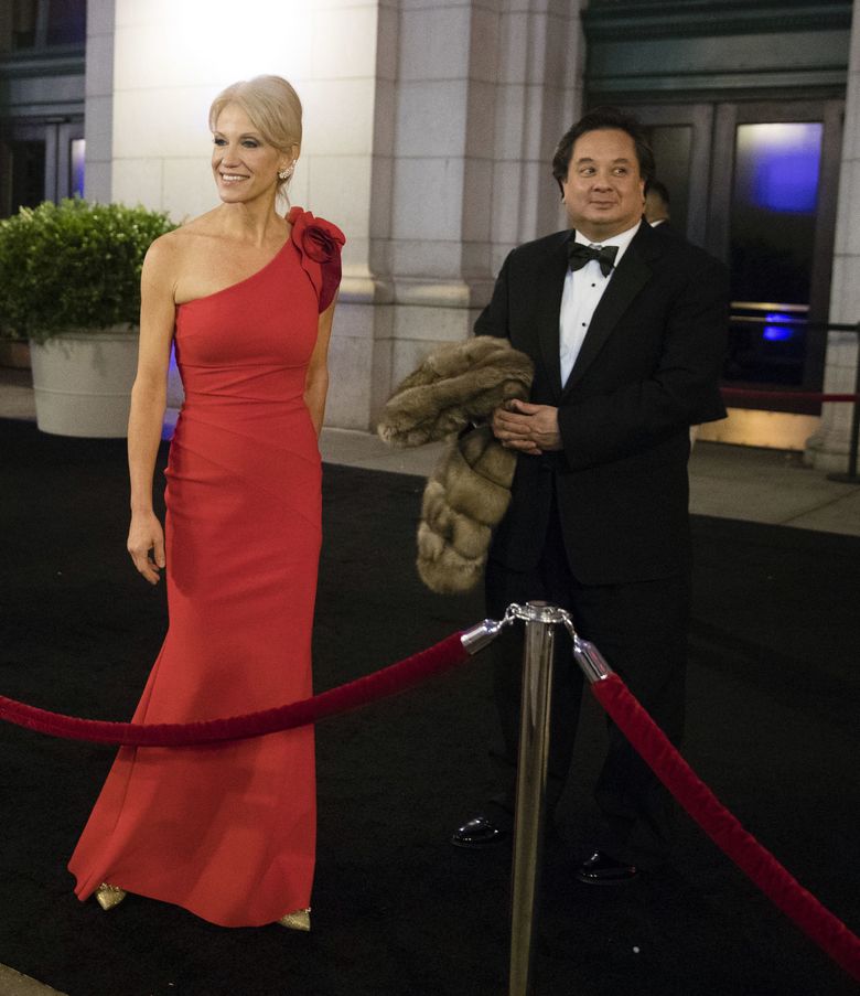 Trump aide Kellyanne Conway and her husband, George Conway, arrive for an inauguration-week dinner.  (Matt Rourke/AP)