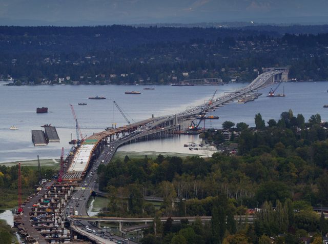 An aerial view of the 520 bridge looking east, from Sept. 16, 2016. (Ellen M. Banner/The Seattle Times)