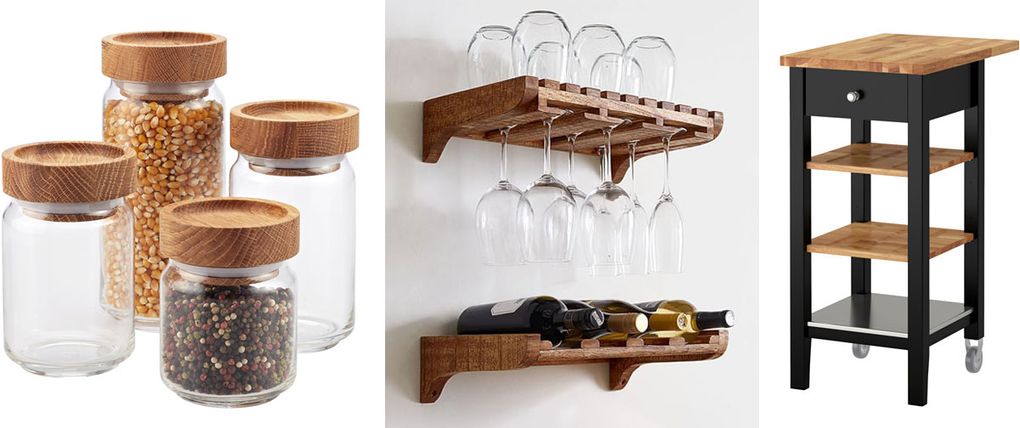 Left to right: Artisan Glass Canisters with Oak Lids, $49 for four at containerstore.com; Pottery Barn Harlow Wall-Mounted Wine Storage, $39–$49; Ikea Stenstorp Kitchen Cart, $149