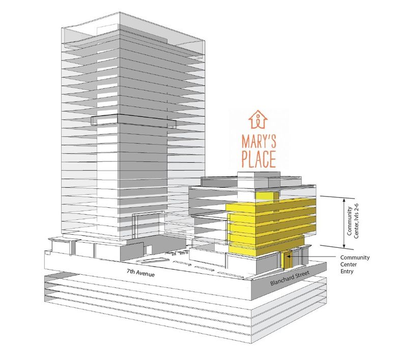 The planned Mary’s Place is highlighted in this rendering of two new buildings that Amazon will construct at its downtown Seattle campus.  (Amazon.com)