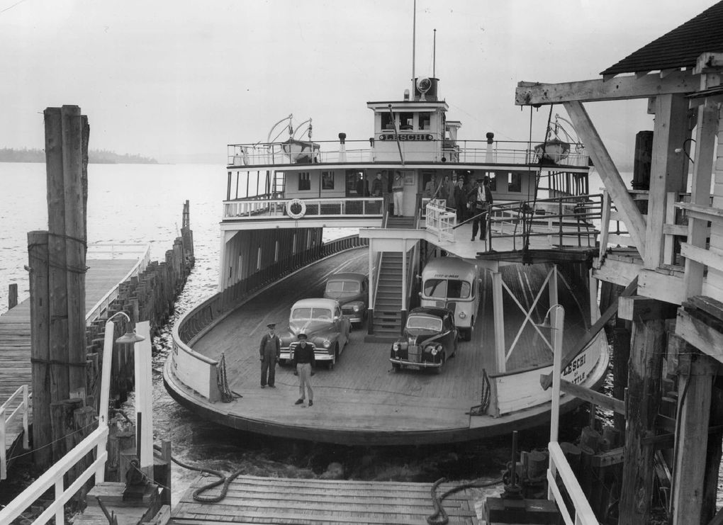 The Seattle-Kirkland ferry Leschi docks on Lake Washington in 1948, two years before ferry services would end on the lake. (Seattle Times Archive)