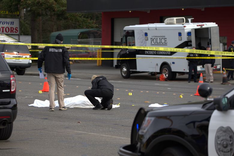 An officer-involved shooting near the 19200 block of Highway 99 in Lynnwood is being investigated. (Dean Rutz/The Seattle Times)
