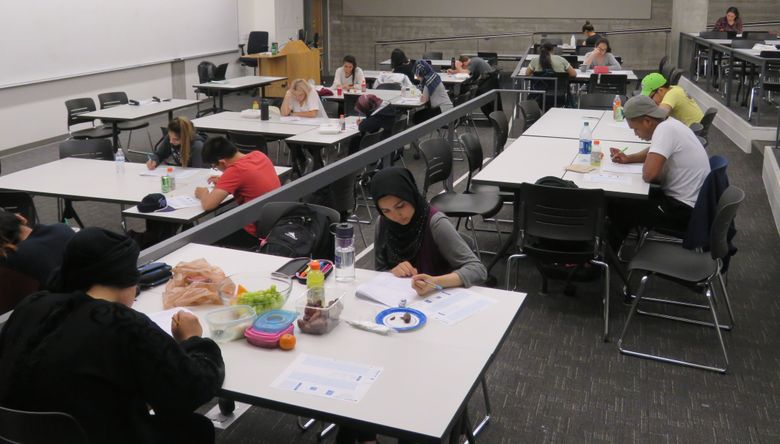 Students take their final for Introduction to Physiology at the University of Washington. Professor Bryan White held after-hour final exams for Muslim students observing Ramadan. (Bryan White/UW)