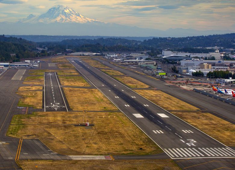 An aerial view of Boeing Field looking south toward Mount Rainier on Sept. 16, 2016. (Ellen M. Banner / The Seattle Times)