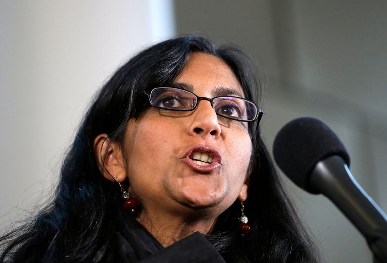 Seattle City Councilmember Kshama Sawant speaks at a celebration of  Indigenous Peoples’ Day Monday, Oct. 10, 2016, in Seattle. (AP Photo/Elaine Thompson)