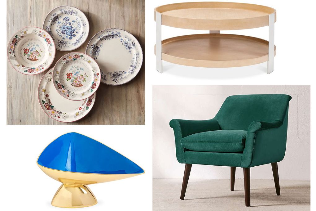 Clockwise from top left: Pottery Barn Floral Salad and Dinner Plates, $40–$48 for four; Modern by Dwell Magazine Coffee Table, $105 at target.com; Eleanor Velvet Arm Chair, $649 at urbanoutfitters.com; Jonathan Adler Small Anvil Bowl, $98 at jonathanadler.com