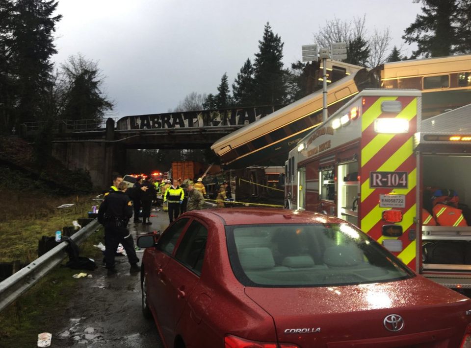 The scene of a train derailment near Mounts Road and Interstate 5 on Monday.  Photograph: Pierce County Sheriff's Department.
