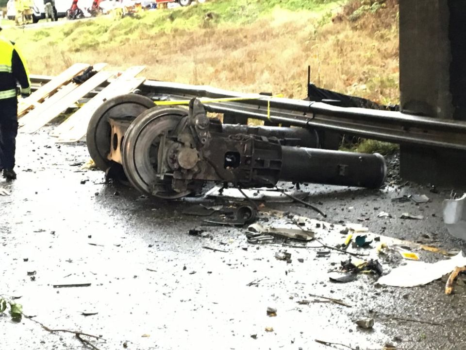 The scene of a train derailment near Mounts Road and Interstate 5 on Monday.  Photograph: Pierce County Sheriff's Department.