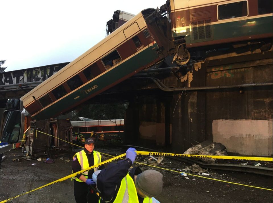The scene of the train derailment near Mounts Road and Interstate 5 on Monday.  Photograph: Pierce County Sheriff's Department.