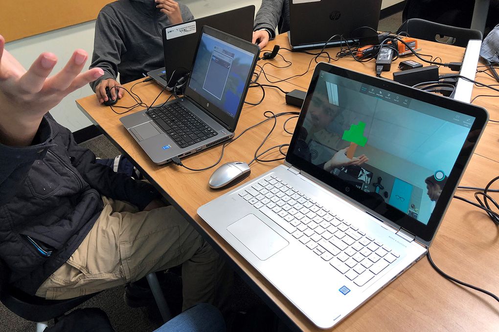 Students try out the Minecraft Tutorial in Tesla STEM High School in Redmond, Washington. (Microsoft)