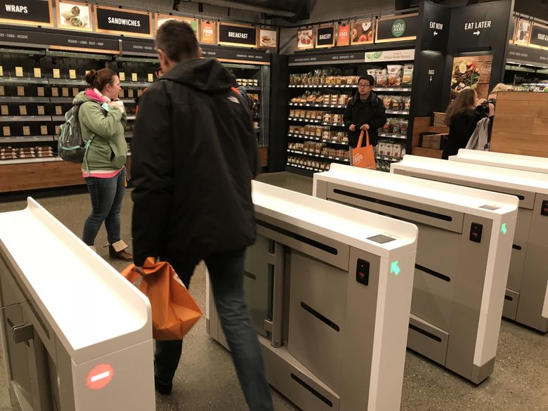 Seattle’s Amazon Go cashierless convenience store opened to the public last month. (Benjamin Woodard/The Seattle Times)