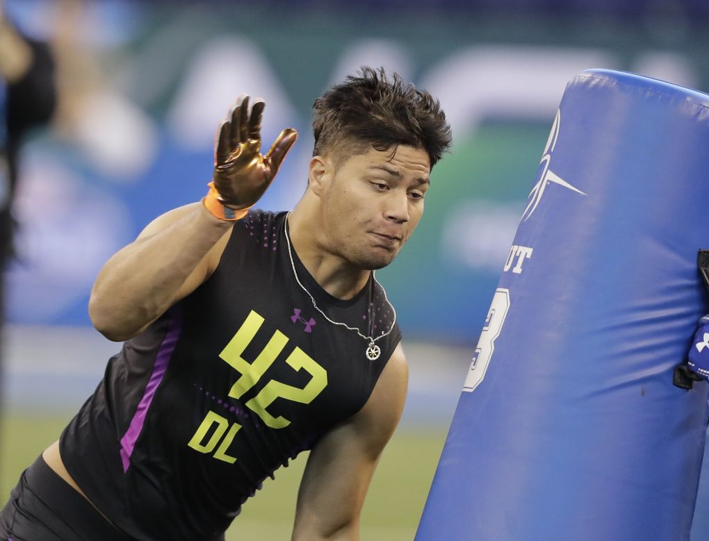 Washington State defensive lineman Hercules Mata’Afa runs a drill during the NFL football scouting combine, Sunday, March 4, 2018, in Indianapolis. (AP Photo/Darron Cummings) INDC1 INDC1 (Darron Cummings / The Associated Press)