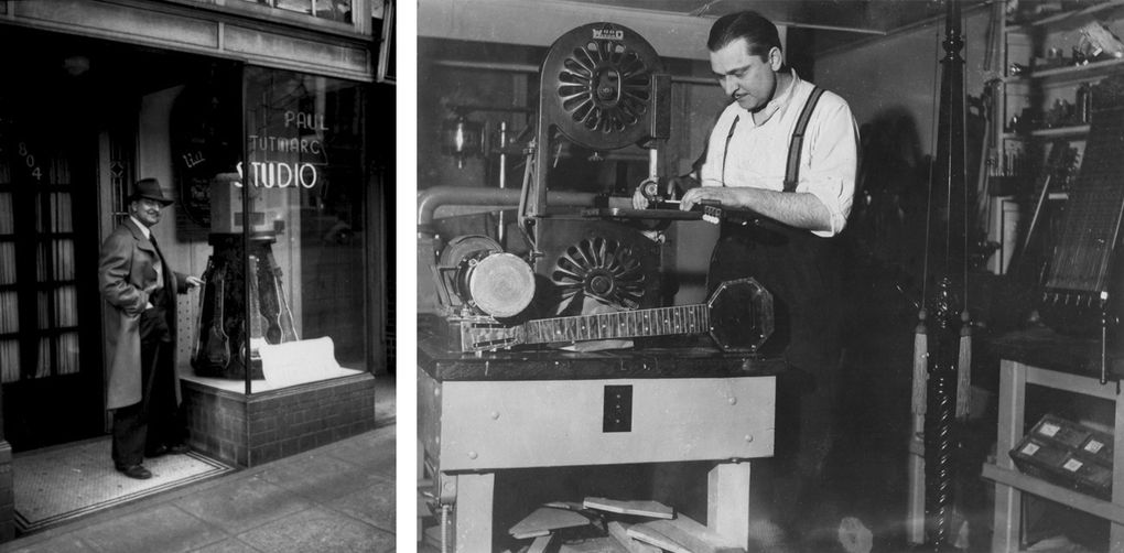 Left, Paul Tutmarc outside his studio on Pine Street in downtown Seattle in the early 1940s. Right, Paul Tutmarc in the basement of his house in the Roosevelt neighborhood using a bandsaw to make a guitar in 1936. (Greg Tutmarc)