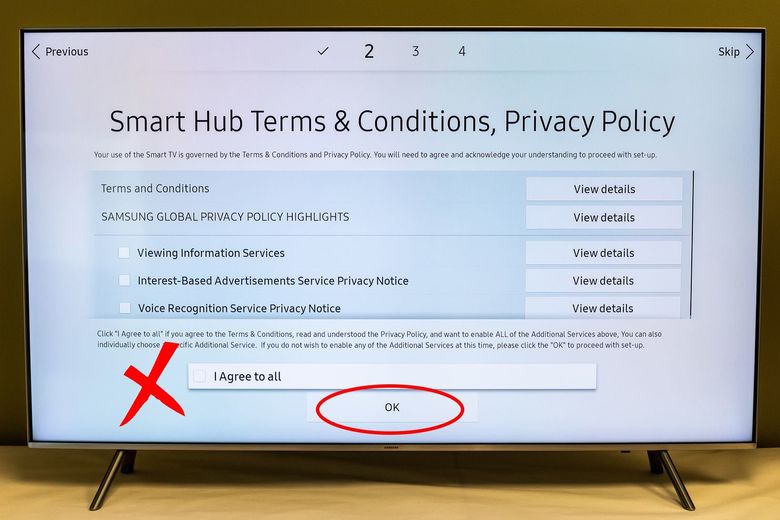 Don’t agree! During setup, Samsung smart TVs might make you think you need to agree to “interest-based advertisements” that track your use of the TV. But you can go straight to OK without selecting “I Agree to all.” (Geoffrey A. Fowler / The Washington Post)