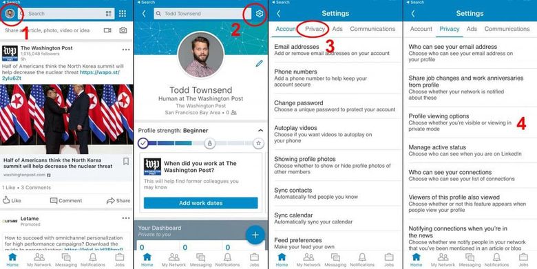 How to get to LinkedIn’s privacy settings on its iPhone app. (Geoffrey A. Fowler / The Washington Post)
