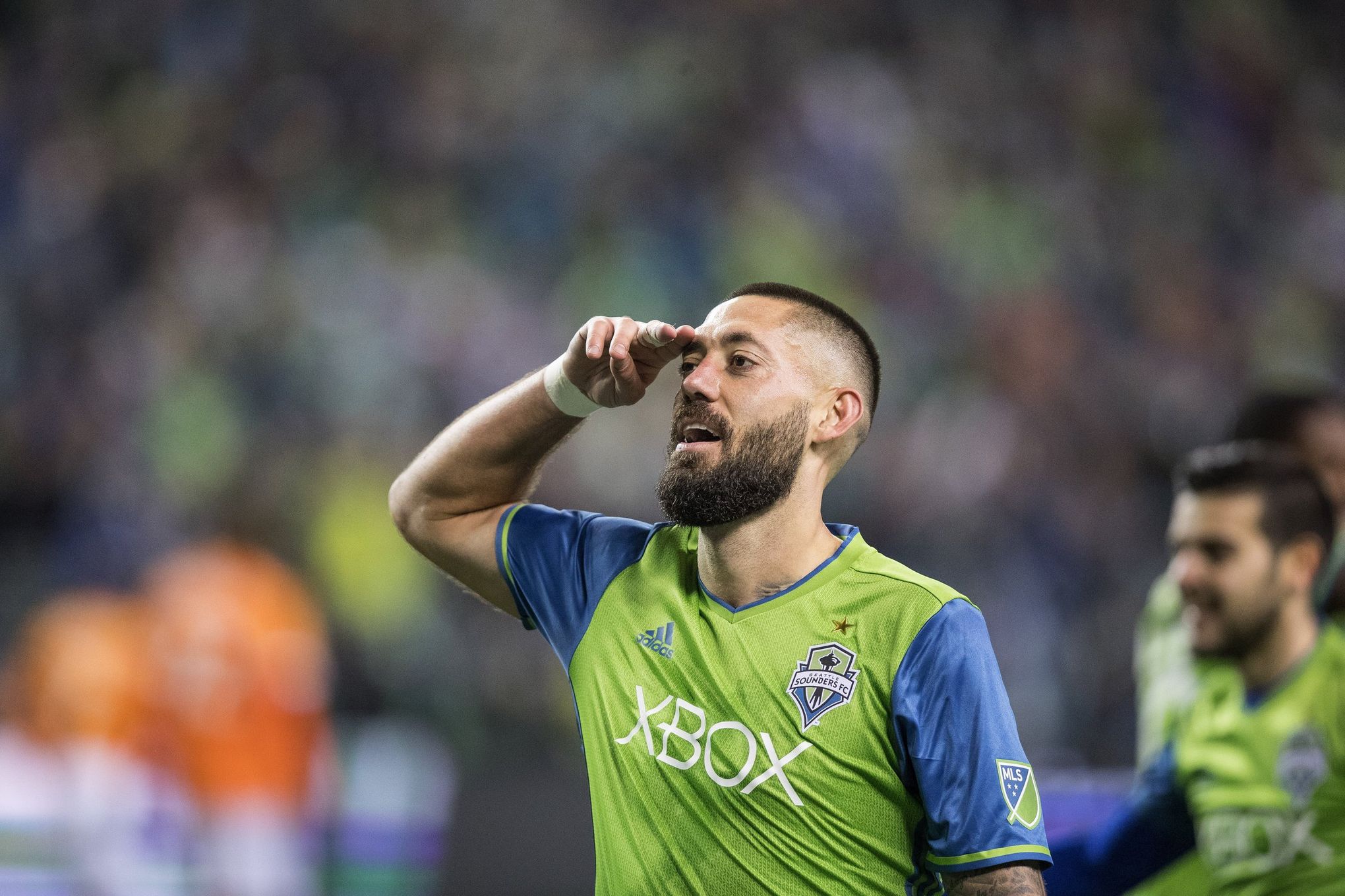 Clint Dempsey salutes the crowd after scoring a goal in 2017. 