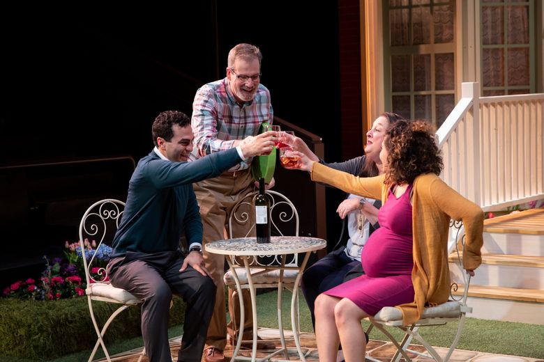 “Native Gardens” at Intiman Theatre stars, from left, Phillip Ray Guevara, Jim Gall, Julie Briskman and Sophie Franco. (Naomi Ishisaka for Intiman Theatre)