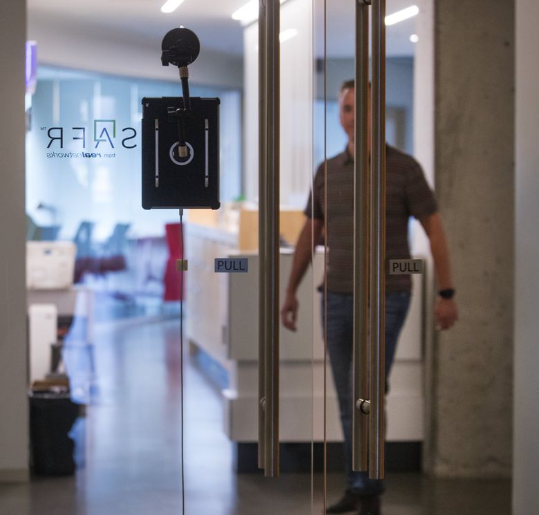 Security doors at RealNetworks use facial recognition to allow access. (Steve Ringman / The Seattle Times)