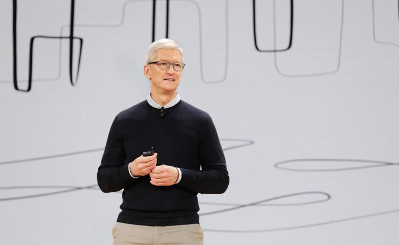 Tim Cook, shown at a Chicago speaking engagement in March, has taken the unusual step of going on the record to deny a news story, and is further asking the news agency that published it for a retraction. (Apple)