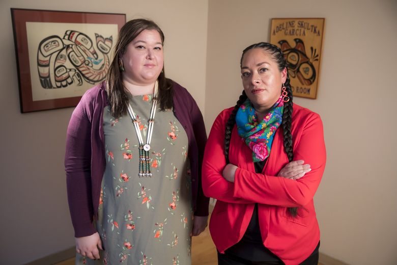 Researcher Annita Lucchesi, left, and Abigail Echo-Hawk, of the Urban Indian Health Institute, collected and analyzed data about missing and murdered Native American women and girls across the United States. Lucchesi is a doctoral student at the University of Lethbridge in Alberta, Canada, and a Southern Cheyenne descendant. Echo-Hawk is an enrolled member of the Kitkehahki band of the Pawnee Nation of Oklahoma. (Bettina Hansen / The Seattle Times)