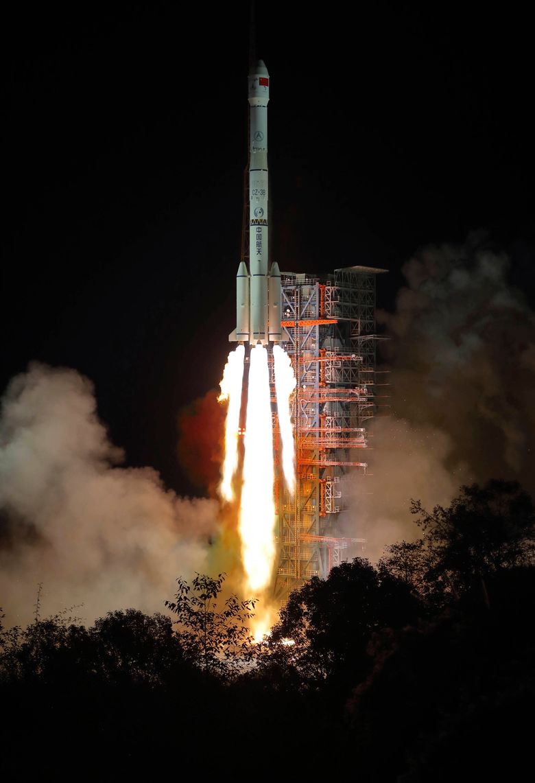In this photo released by Xinhua News Agency, the Chang'e 4 lunar probe launches from the the Xichang Satellite Launch Center in southwest China's Sichuan Province on Saturday, December 8, 2018.  Photograph: Jiang Hongjing/Xinhua/via Associated Press.