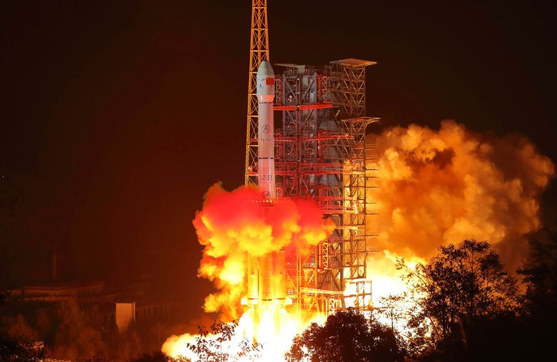 In this photo released by Xinhua News Agency, the Chang'e 4 lunar probe launches from the the Xichang Satellite Launch Center in southwest China's Sichuan Province on Saturday, December 8, 2018. China launched a ground-breaking mission Saturday to soft-land a spacecraft on the largely unexplored far side of the moon, demonstrating its growing ambitions as a space power to rival Russia, the European Union and U.S.  Photograph: Jiang Hongjing/Xinhua/via Associated Press.