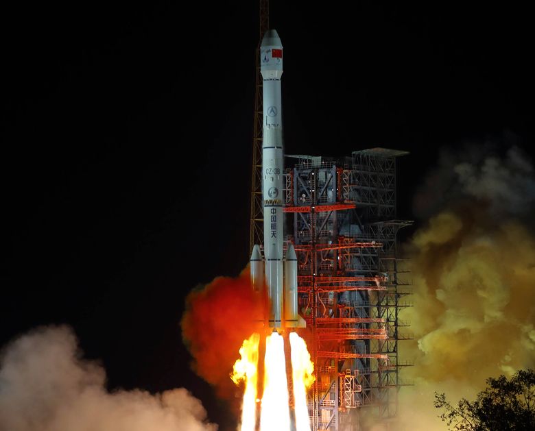 In this photo released by Xinhua News Agency, the Chang'e 4 lunar probe launches from the the Xichang Satellite Launch Center in southwest China's Sichuan Province on Saturday, December 8, 2018.  Photograph: Jiang Hongjing/Xinhua/via Associated Press.