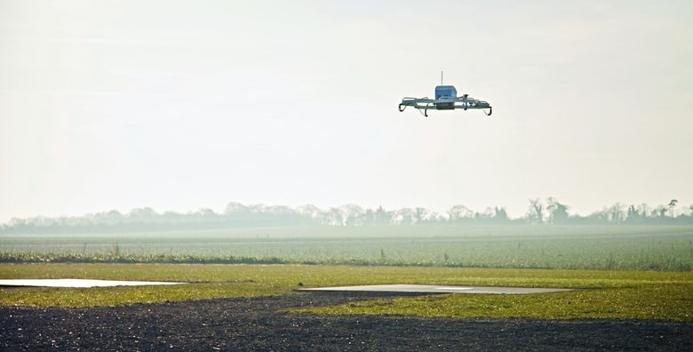 An Amazon Prime Air drone on a 2016 test flight in Cambridgeshire, United Kingdom. (Amazon via AP, File) 