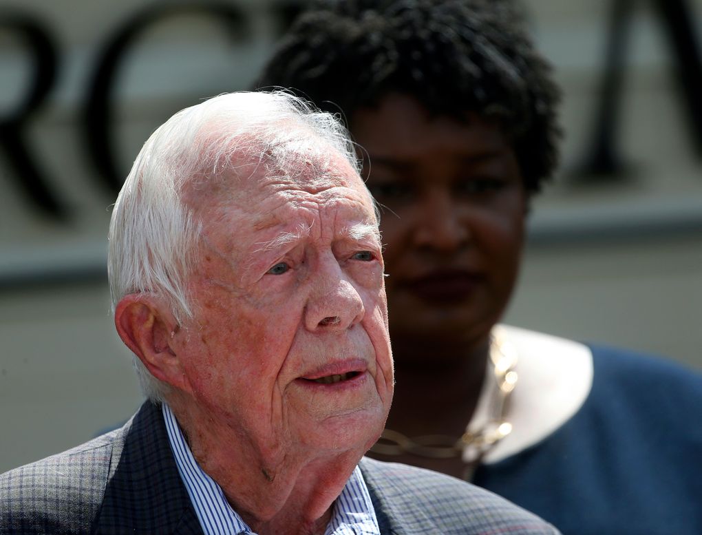 Former President Jimmy Carter speaks in September as Democratic gubernatorial candidate Stacey Abrams listens in Plains, Georgia. Carter is now the longest-living president in American history.  Photograph: John Bazemore/Associated Press.