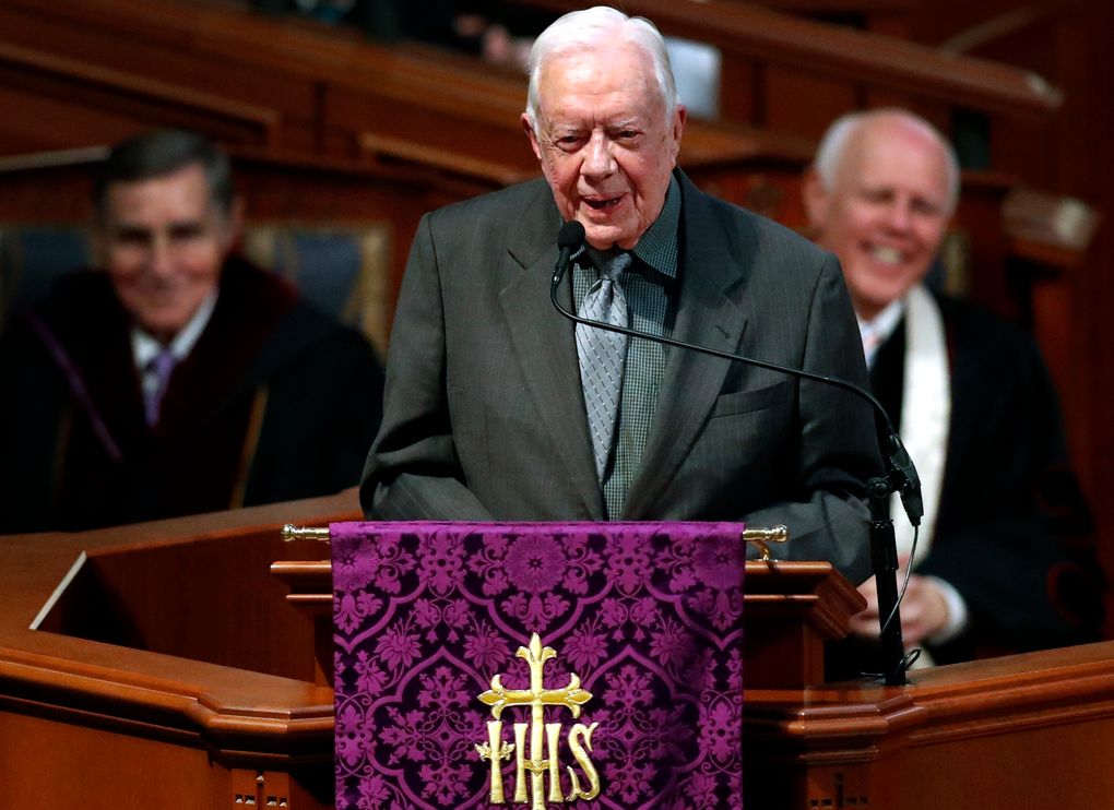 Former President Jimmy Carter speaks last year during a funeral service for former Georgia Governor Zell Miller. Carter is now the longest-living president in American history.  Photograph: John Bazemore/Associated Press.