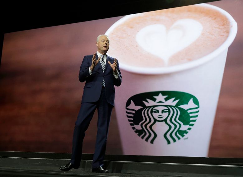 Starbucks CEO Kevin Johnson speaks Wednesday, March 20, 2019, at the company’s annual shareholders meeting in Seattle. (AP Photo/Ted S. Warren)