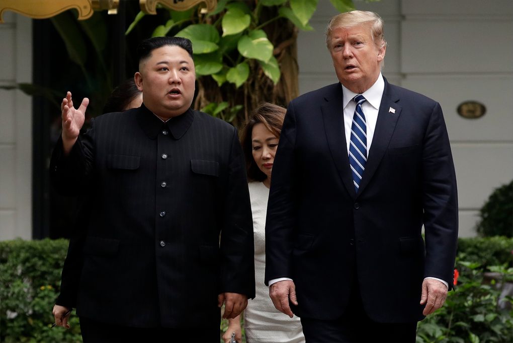 President Donald J. Trump and North Korean leader Kim Jong Un take a walk after their first meeting at the Sofitel Legend Metropole Hanoi hotel, in Hanoi. North Korea on Tuesday, April 23, 2019 confirmed that leader Kim Jong Un will soon visit Russia to meet with Putin in a rare summit. For Russia, a meeting with North Korean leader Kim Jong Un offers a chance to raise its influence in the region and gain more leverage with Washington. — Photograph: Evan Vucci/Associated Press.