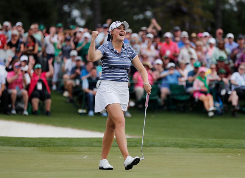 Jennifer Kupcho celebrates after sinking a putt on the 18th hole to win the...