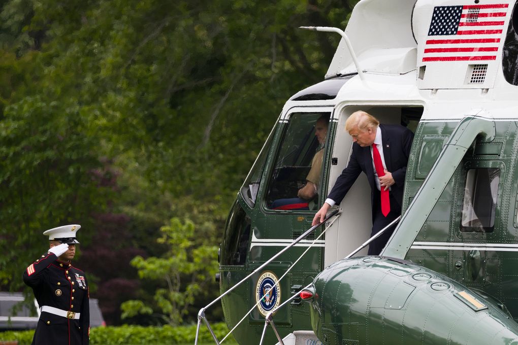 President Donald J. Trump steps off Marine One on the South Lawn of the White House, Friday, May 17, 2019, in Washington D.C. Trump was returning from a trip to New York.  Photograph: Alex Brandon/Associated Press.