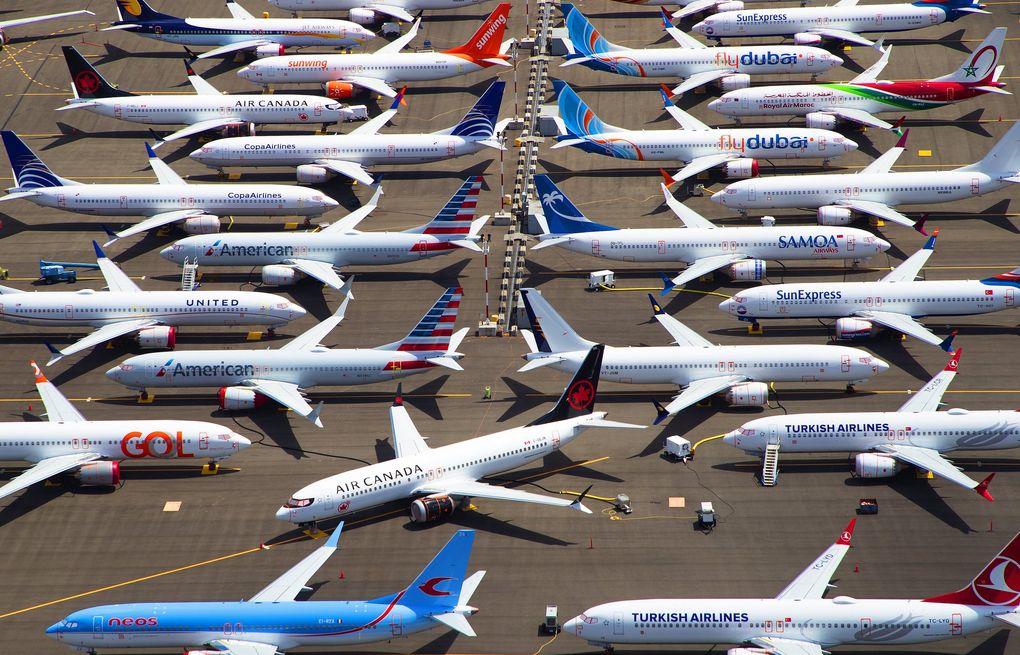 Grounded 737 MAX passenger planes are parked across East Marginal Way near the south end of Boeing Field. (Mike Siegel / The Seattle Times) 